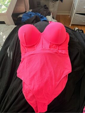 SHEIN Neon Pink Strapy Molded-Cup One-Piece Swimsuit